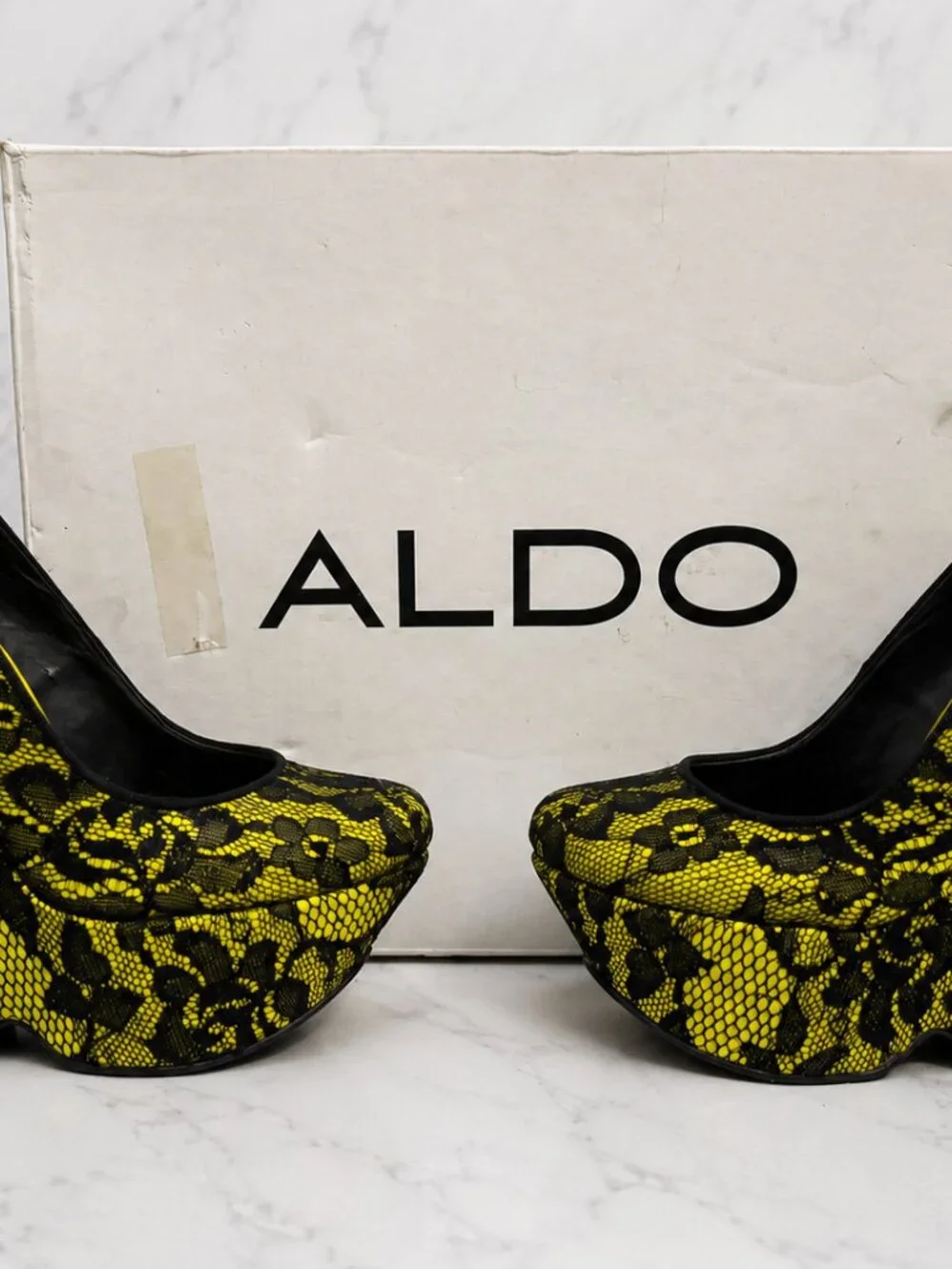 ALDO Yellow & Black Lace Platform Wedge Heels
